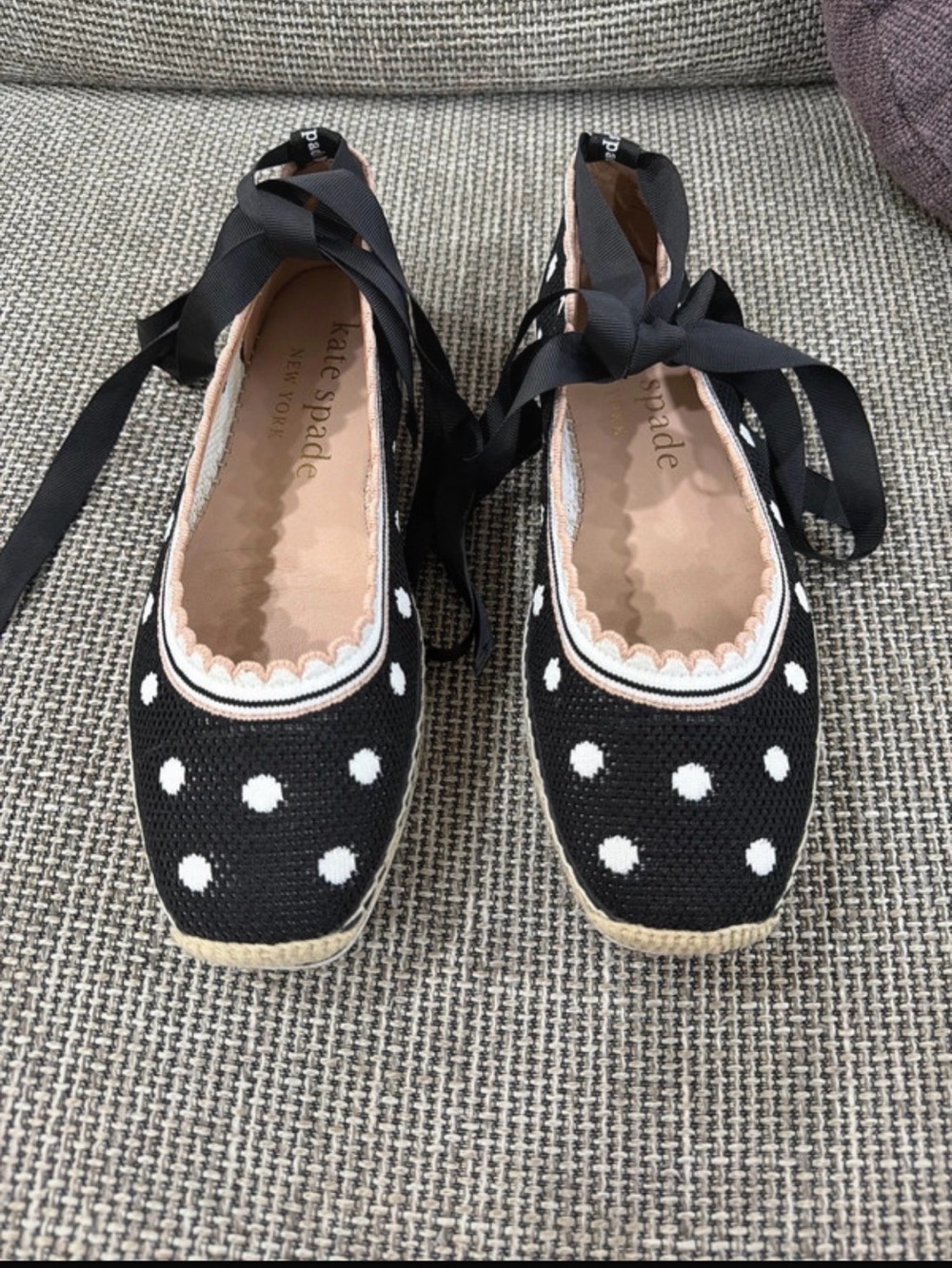kate spade Black and White Polka Dot Girls' Espadrille Flats with Ribbon Ties